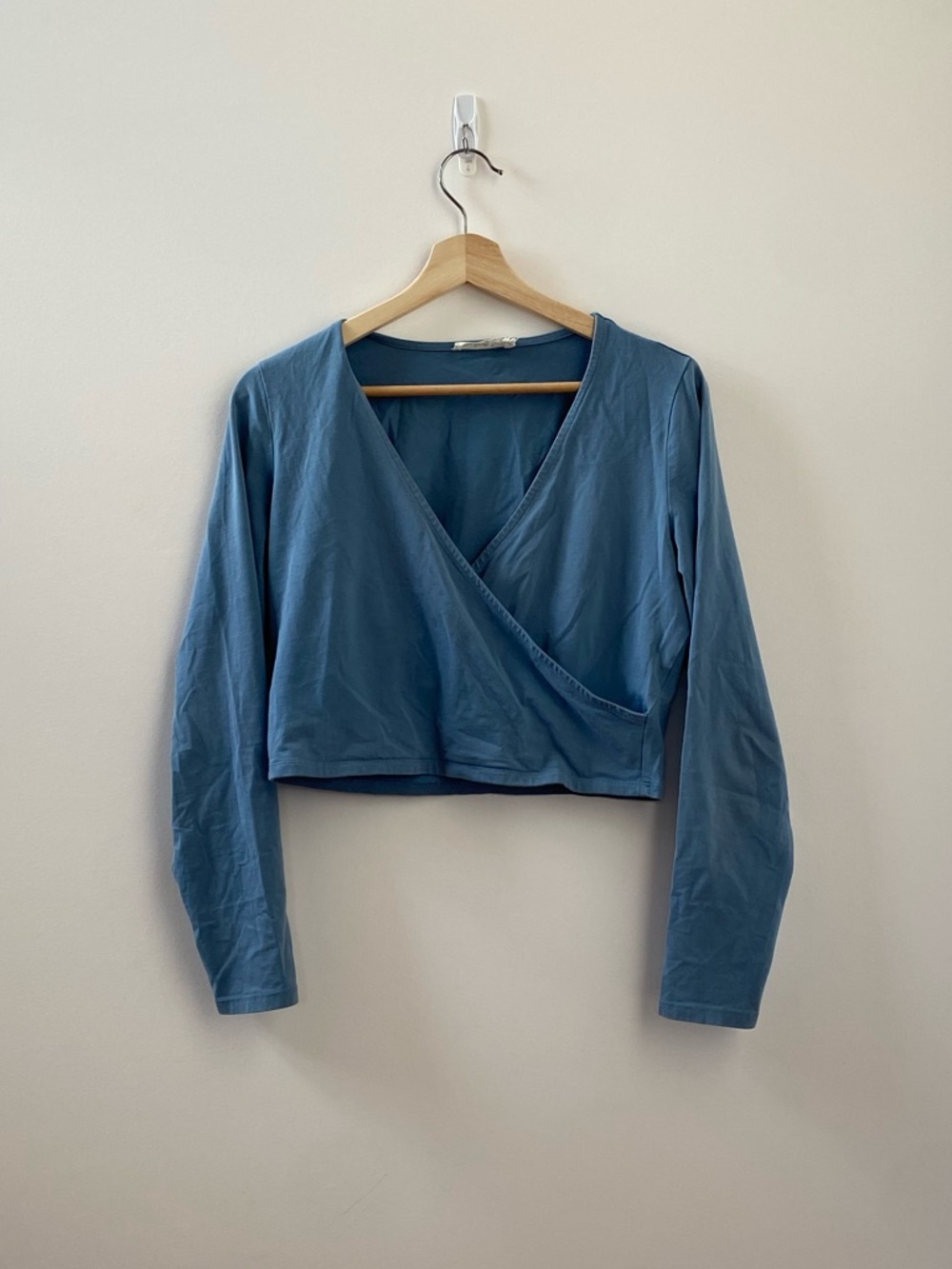 Dusty Blue Wrap Front Long-Sleeve Crop Top